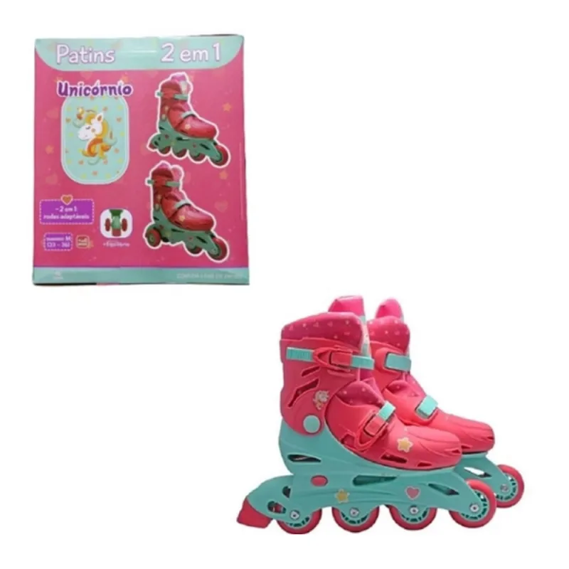 Patins Bel Roller Quadriline 2 em 1 Unicórnio M 33-36 - BEL - Brinquedos
