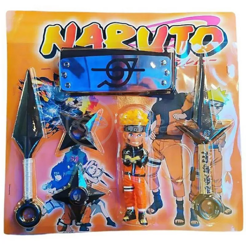 Kit Boneco Naruto 15Cm + 2 Shuriken + 1 Bandana + 2 Kunai