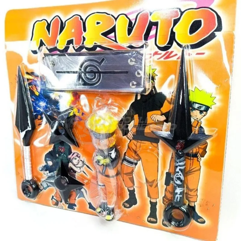 Kit Boneco Naruto 15Cm + 2 Shuriken + 1 Bandana + 2 Kunai