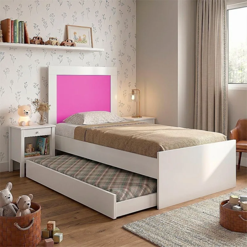 Cama Solteiro Bibox Luara Com Auxiliar E Colchões D20 Quarto Infantil Estilo Moderno - Branco-rosa - OUTRAS MARCAS - Móveis