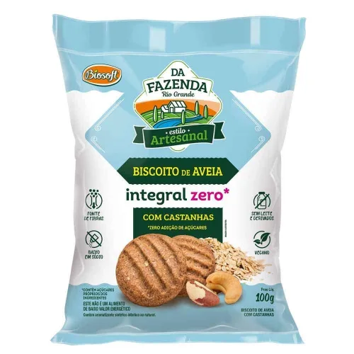 Biscoito Integral De Farelo De Aveia Zero 100g Castanhas - BIOSOFT - Mercearia