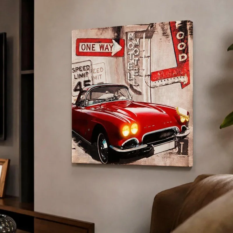 Quadro Decorativo Clássico Carro Antigo 1957 com Leds Quadrado 40x40CM MDF Vermelho - OUTRAS - Agro