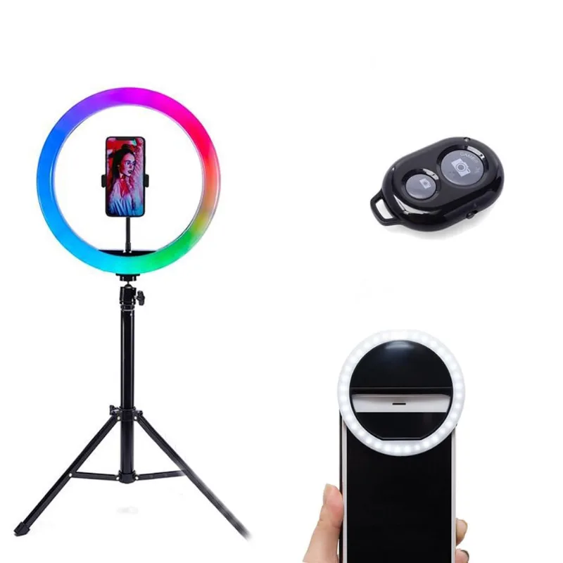 Conjunto Luz Profissional Ring Light rgb + Disparador de Fotos + Tripé de 1,5 m + Mini Ring Light