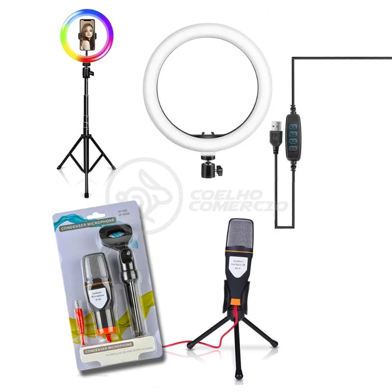Kit Anel de Luz rgb com Suporte de Celular + Microfone Podcast SF-666 + Tripé de 1,5m