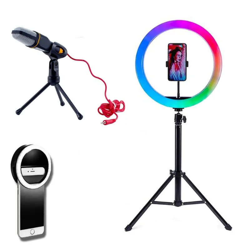 Kit Criador de Conteúdo - Ring Light rgb + Tripé 1,5m + Microfone SF-666 + Mini Ring Light Celular