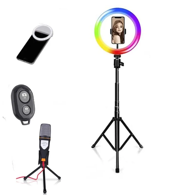 Conjunto Ring Light rgb com Tripé de 1,5m + Microfone SF-666 + Disparador de Fotos + Mini Ring Light