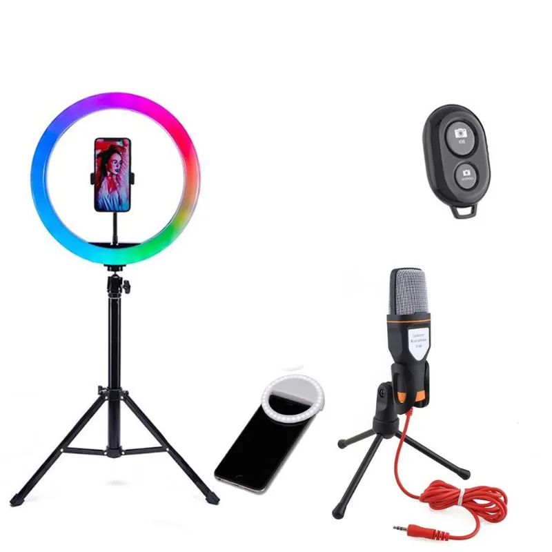 Kit Youtube Ring Light rgb + Mic SF-666 + Disparador Remoto + Mini Ring Light + Lapela + Tripé 1,5m