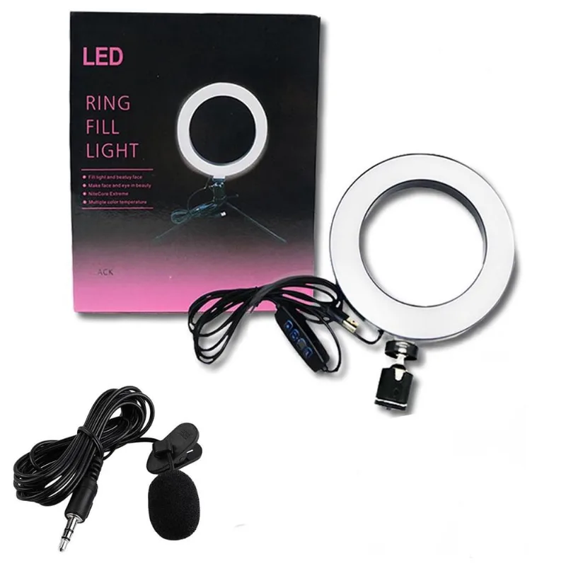 Kit para Gravação e Transmissão de Vídeos Ring Light de Mesa de 6 Polegadas e Tripé 16cm + Lapela