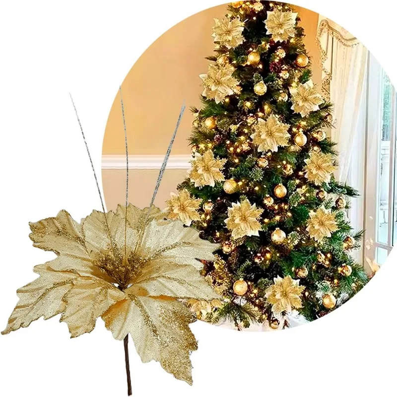 Flores Brilhantes Dourada Decoração Natal De 40cm Kit 8pçs