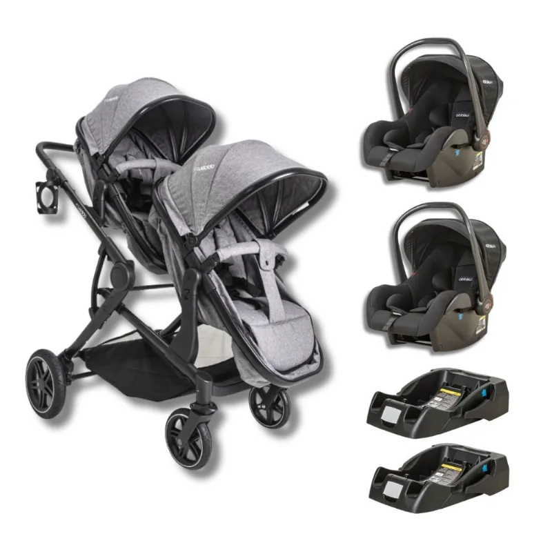 Carrinho duplo pair cinza + bebe conforto (415I) + base - kiddo