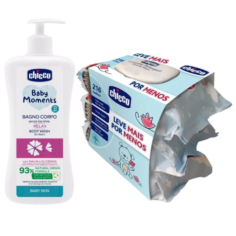 Kit sabonete 500ML + pack com 3 lenços umedecidos chicco