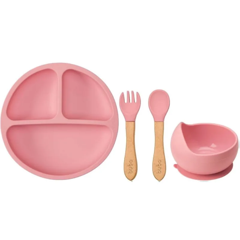 Kit refeicao prato + bowl + talheres em silicone rosa - buba