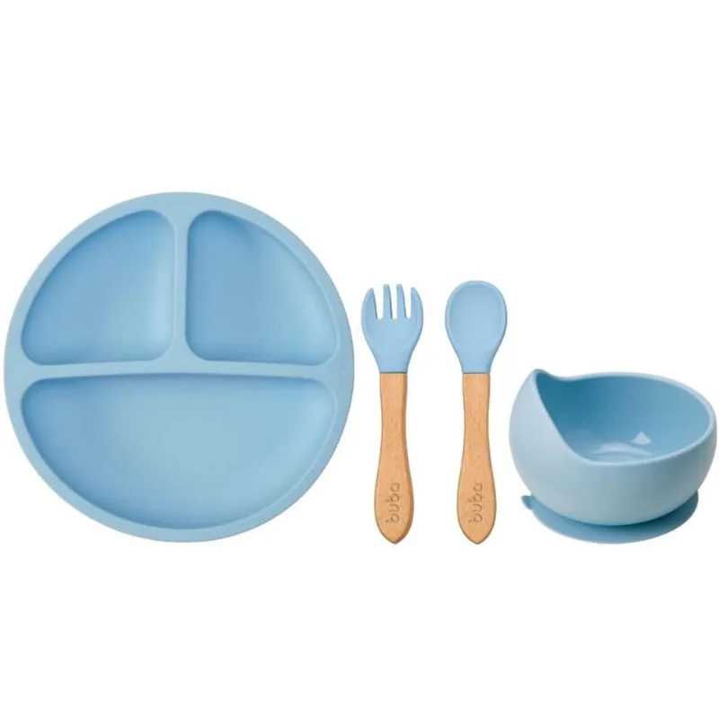 Kit refeicao prato + bowl + talheres em silicone azul - buba