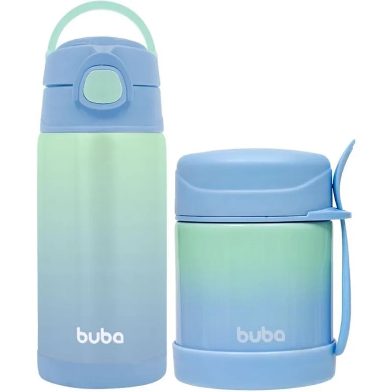 Kit refeição infantil 2 peças garrafa térmica E pote térmico azul com talher - buba