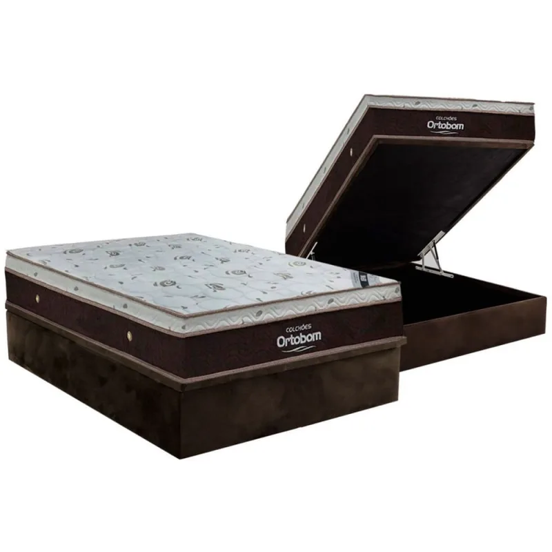 Cama Box Baú Casal: Colchão Molas Ortobom SuperPocket Sleep King + Base crc Suede Brown(138x188) - Ortobom - Móveis
