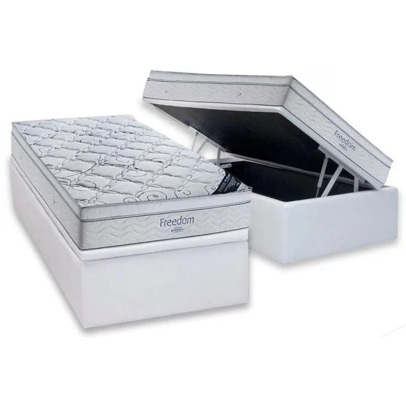 Cama Box Baú Solteiro: Colchão Molas Ortobom SuperPocket Freedom Visco + Base crc Courano White(88x188) - Ortobom - Móveis