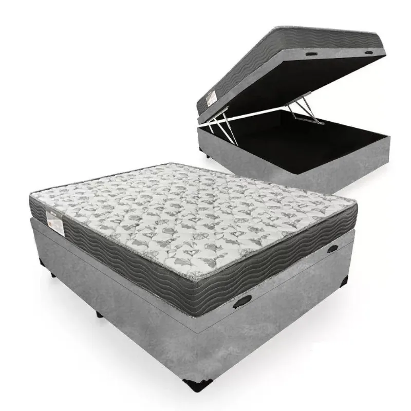 Cama Box Baú Casal Suede + Colchão De Espuma D33 - Sereneprime - 138cm com cor predominante Cinza.