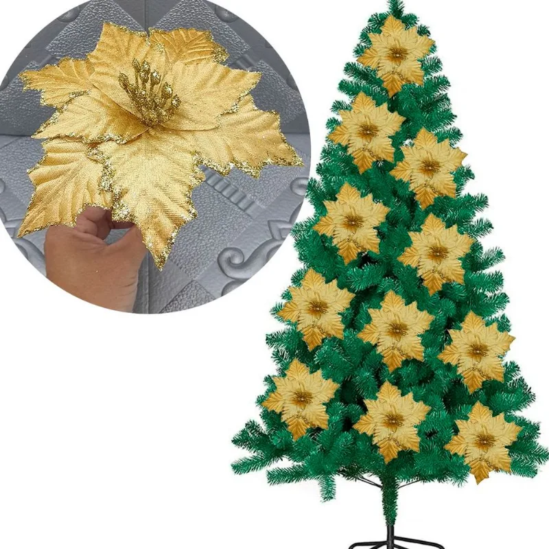 Flores Ramo Dourado Decoração Árvore De Natal 20cm Kit 12pçs