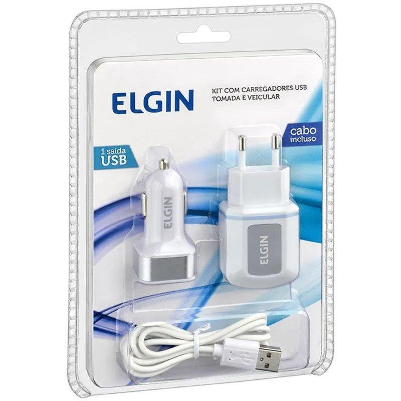 Kit Carregador Usb De Tomada + Veicular 1m Branco - Elgin - Elgin