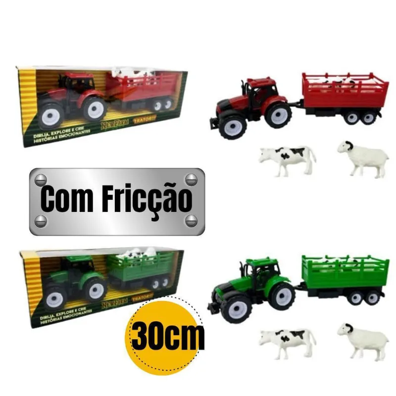 Trator Carrinho Fricção 30Cm + Animais Fazendinha Brinquedo