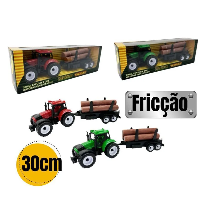 Trator Carrinho Fricção Carga Madeira Fazendinha Brinquedo