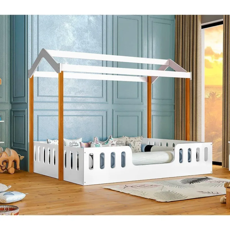Cama Casal Infantil Ágatha Montessoriana Casinha MDF Branco e Mel - OUTRAS