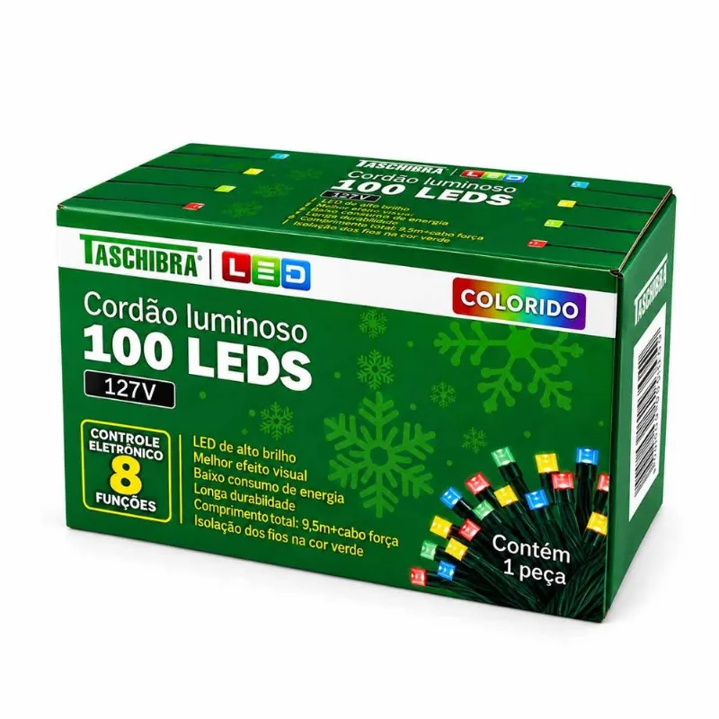 Cordão Luminoso 8 Funções 100 Leds Taschibra Colorido 4W 110V - TASCHIBRA