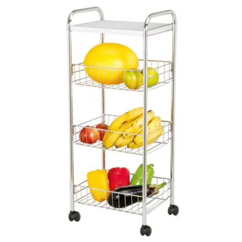 Fruteira de Chão com Rodas Tripla Cestos Cromado e Tampa de Madeira Organização Cozinha - Passerini - Utilidades Domesticas