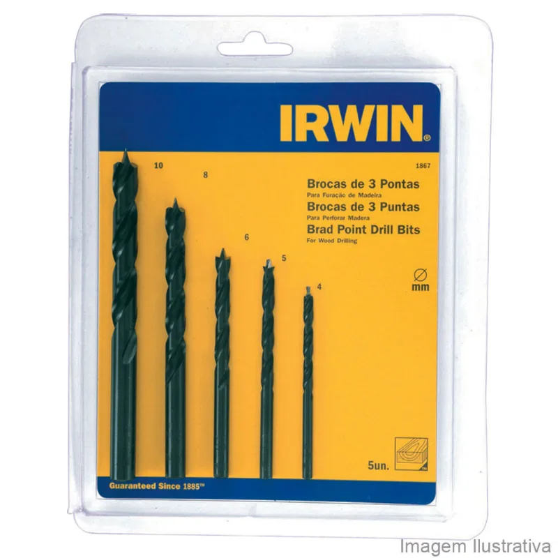 Broca 3 pontas para madeira de aço temperado 4 - 10mm 5 peças Irwin
