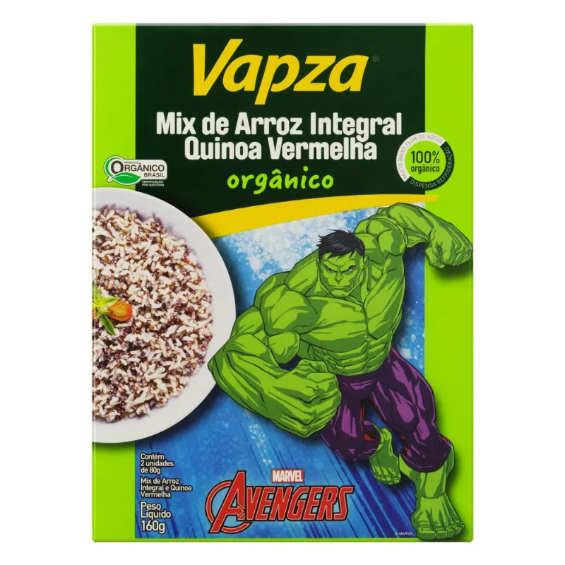 Arroz Orgânico Vapza Integral c/ Quinoa Vermelha Avengers Caixa 160g 2 Unid de 80g Cada - VAPZA