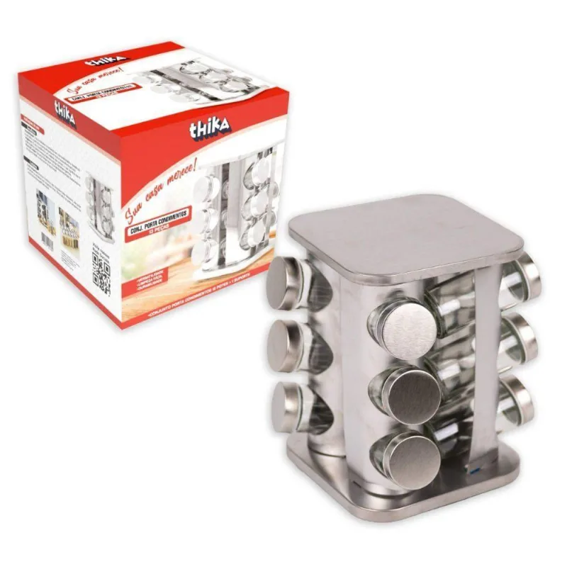 Porta Condimentos E Temperos Giratório Com 12 Potes Em Aço Inox E Vidro