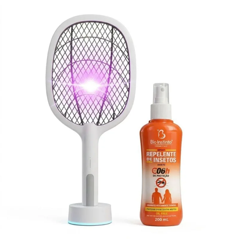 Raquete Elétrica Recarregável Com Base + Spray Repelente 200ml Proteção Total Contra Insetos