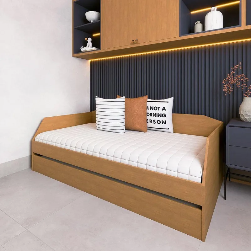 Bicama Solteiro Duo Com Cama Auxiliar Em Mdf Premium Amendoa - OUTRAS