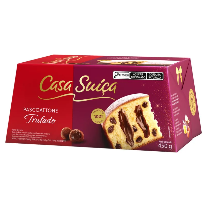 Bolo de Páscoa Casa Suíça com Gotas de Chocolate ao Leite RecheioTrufadoMeio Amargo Caixa 450g - Casa Suica - Padaria