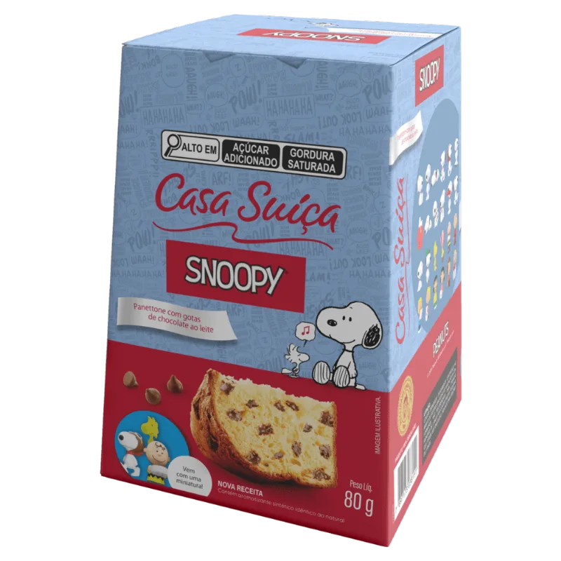 Panettone com Gotas de Chocolate ao Leite Snoopy Casa Suíça Caixa 80g Vem com Uma Miniatura!