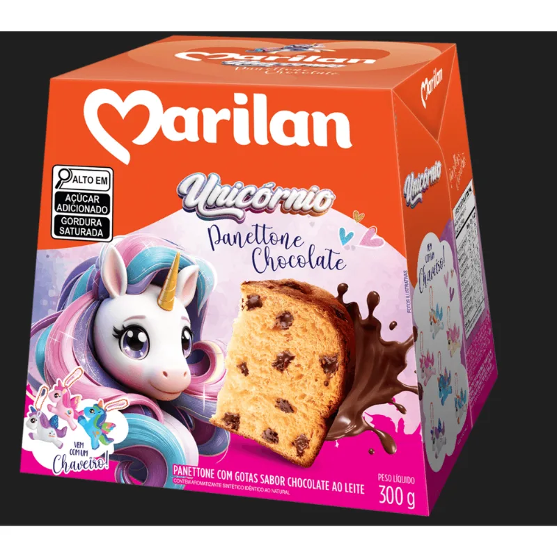 Panettone Chocolate com Gotas de Chocolate ao Leite Unicórnio com Chaveiro 300g Marilan