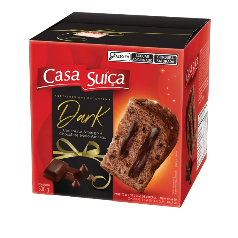 Panettone com Gotas de Chocolate Meio Amargo Recheio Dark Chocolate Amargo Casa Suíça Caixa 500g