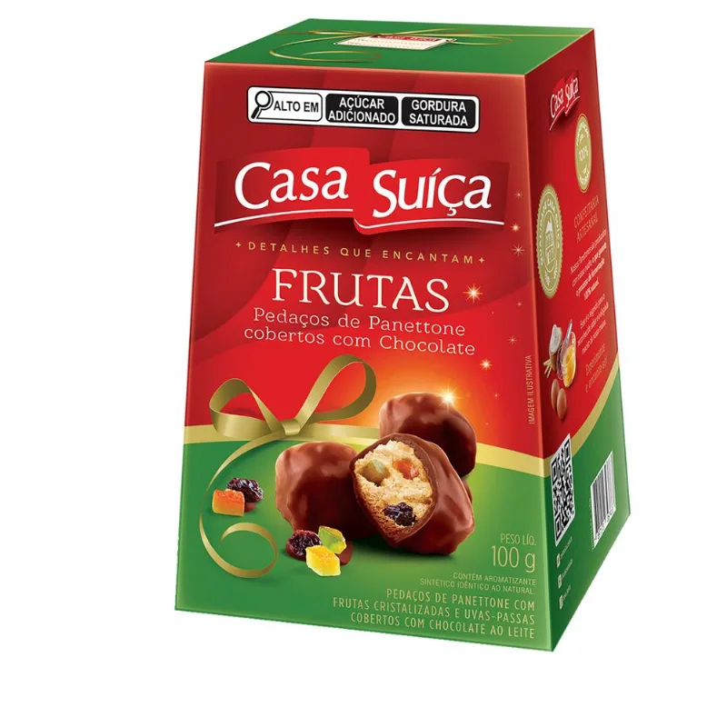 Pedaços de Panettone Casa Suíça c/ Frutas Cristalizadas e Uvas-Passas e Cobertura de Chocolate ao Leite 100g