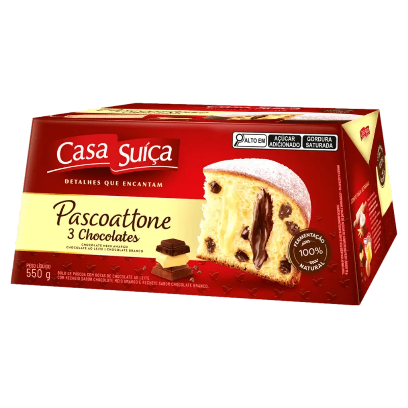 Bolo de Páscoa com Gotas de Chocolate ao Leite Recheio 3 Chocolates ao Leite, Meio Amargo e Branco Casa Suíça Pascoattone Caixa 550g