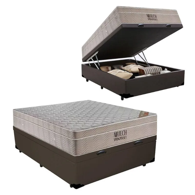 Cama Baú com Colchão Casal Airtech Molas Ensacadas Pillow Top Marrom Ortobom