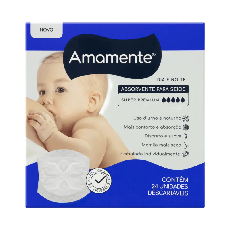 Absorvente para Seios Amamente Super Premium Descartável Dia e Noite 24 Unidades - Amamente
