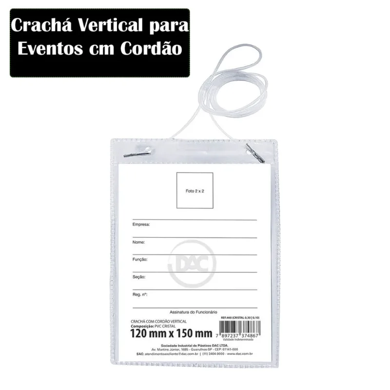 Crachá vertical transparente c/ cordão 80x120mm