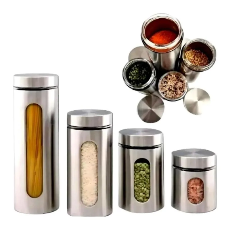 Kit 4 Potes Porta Mantimentos Inox com Visor de Vidro para Cozinha Organizar Alimentos Yeet - OUTRAS - Utilidades Domesticas
