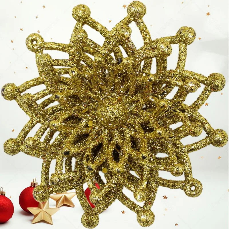 Kit 12 Flores Douradas Gliter Decoração Árvore De Natal 10cm