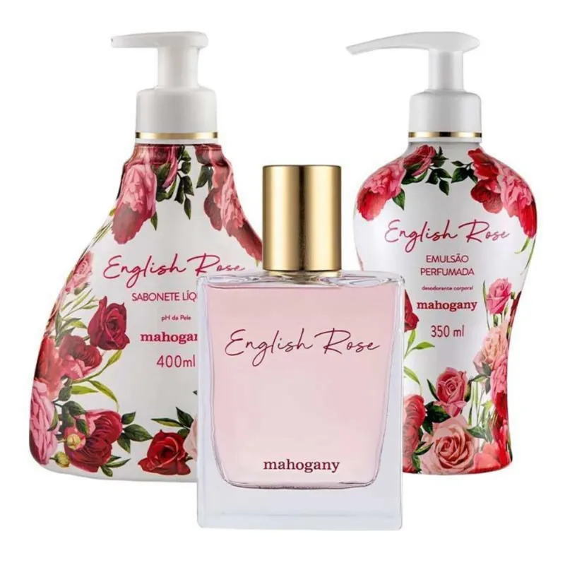 KIT Fragrância English Rose + Hidratante + Sabonete Líquido Mahogany 400ml incolor