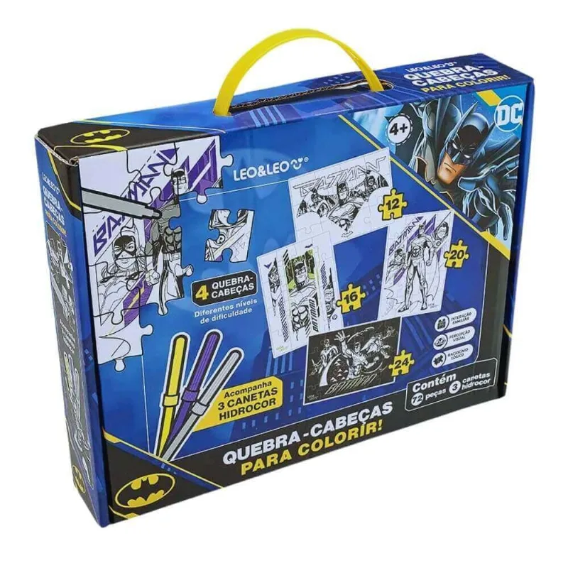 Quebra-Cabeça 4 Em 1 para Colorir Batman - Kit C/ 72 Peças e 3 Hidrocor - Leo&Leo