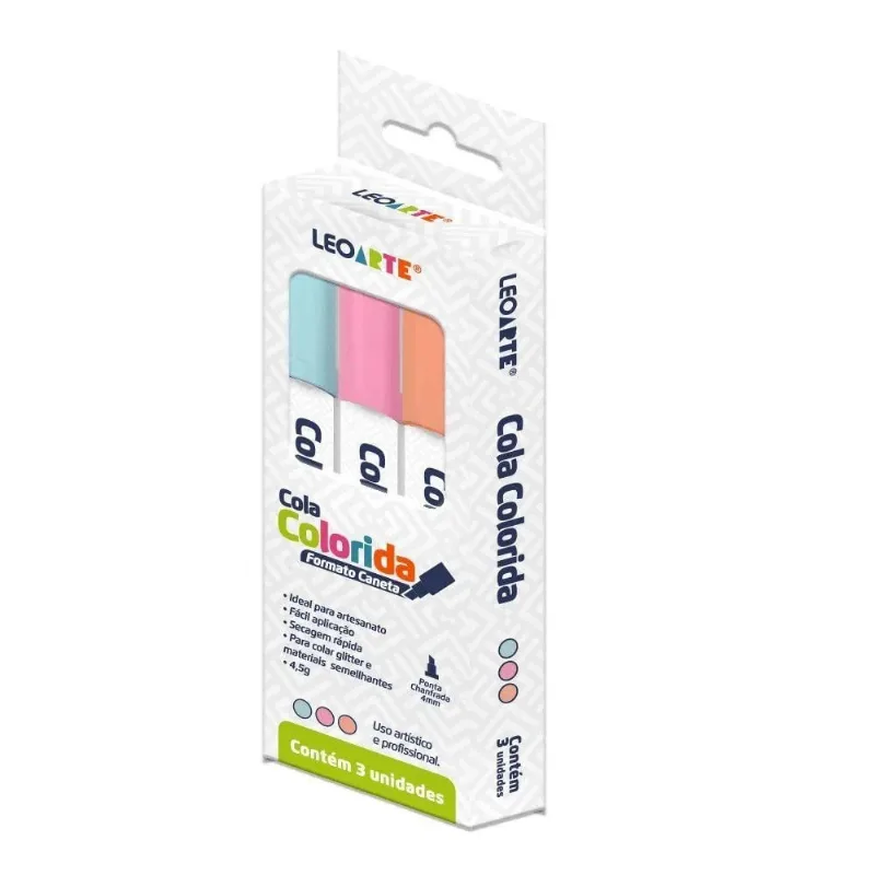 Cola Colorida Formato Caneta 3 Cores para Trabalhos Manuais, Artesanato e Personalização Leonora - LEONORA - Brinquedos