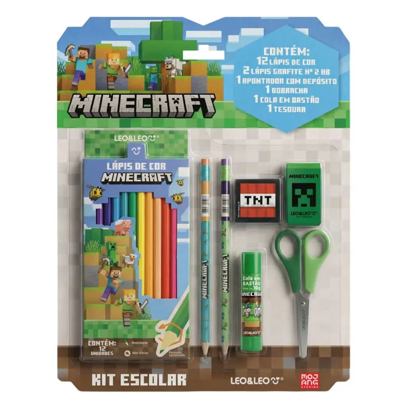 Kit Escolar Lapis De Cor 12 Cores Minecraft Leonora - LC - Papelaria