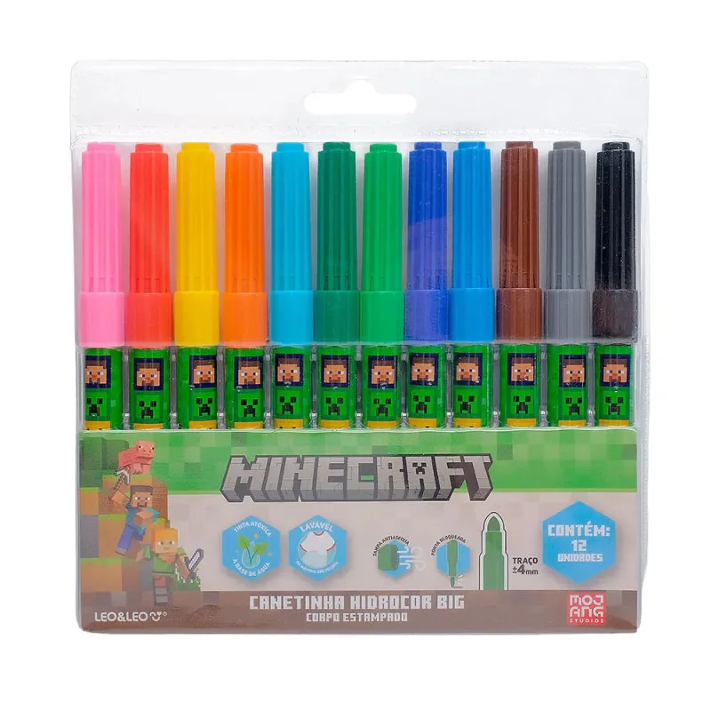 Caneta Hidrográfica 12 Cores Big Minecraft Leonora - LC - Papelaria