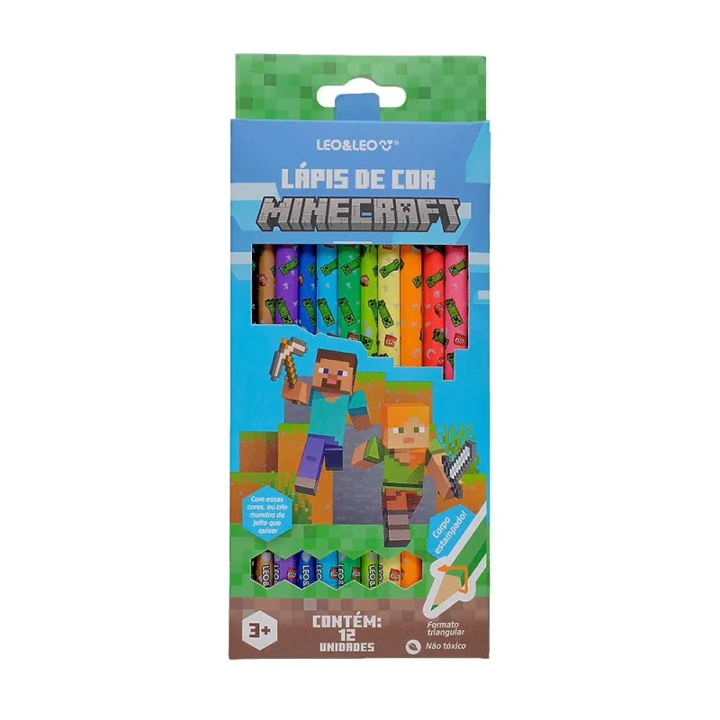 Lápis De Cor 12 Cores Minecraft Triangular Leonora - LC - Papelaria